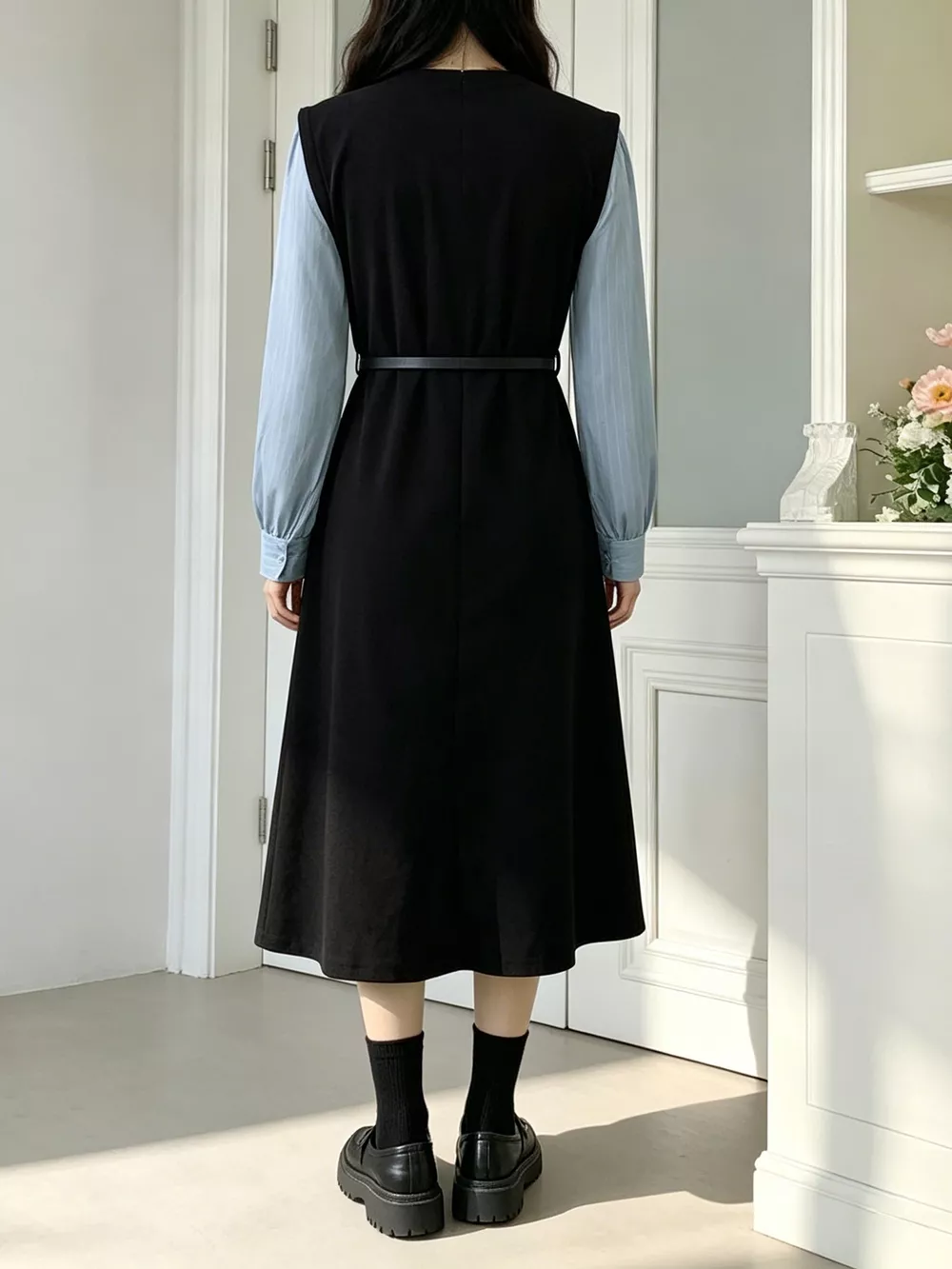 Contrast Sleeve A-Line Dress with Belt, image 5