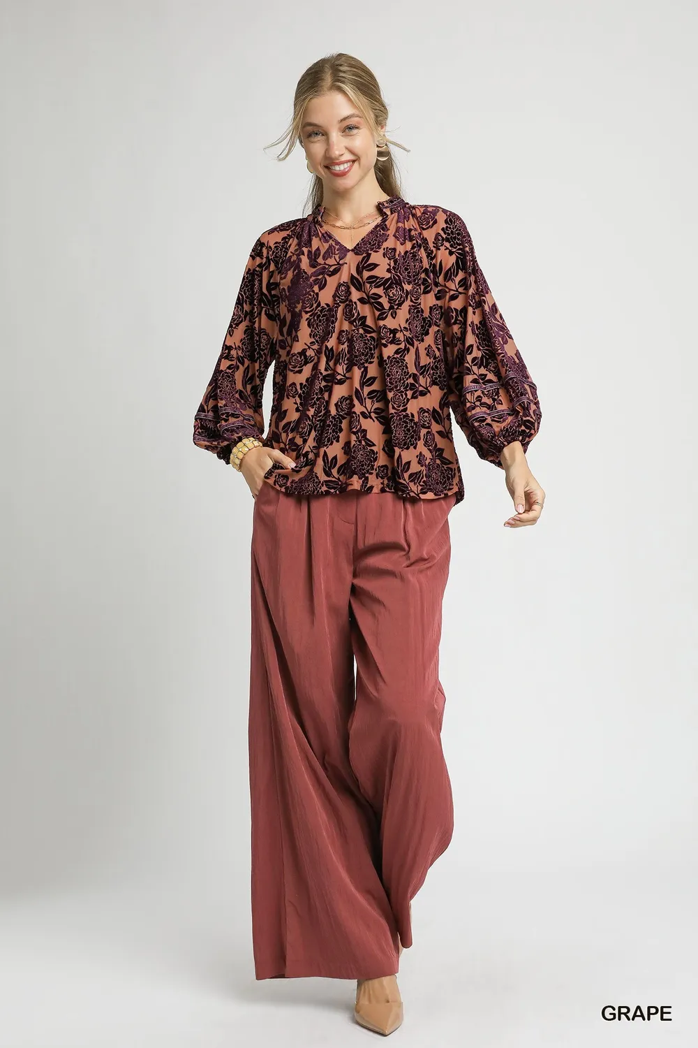 Floral Velvet Blouse with Balloon Sleeves, image 3
