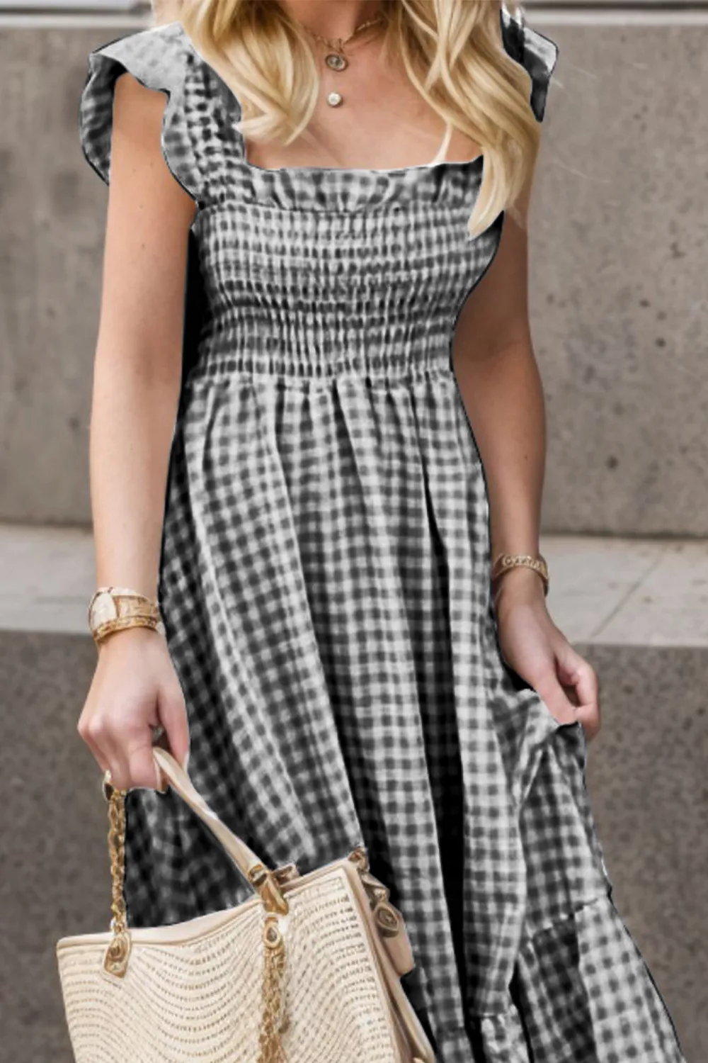 Full Size Smocked Ruffled Plaid Ruffle Hem Dress, image 7