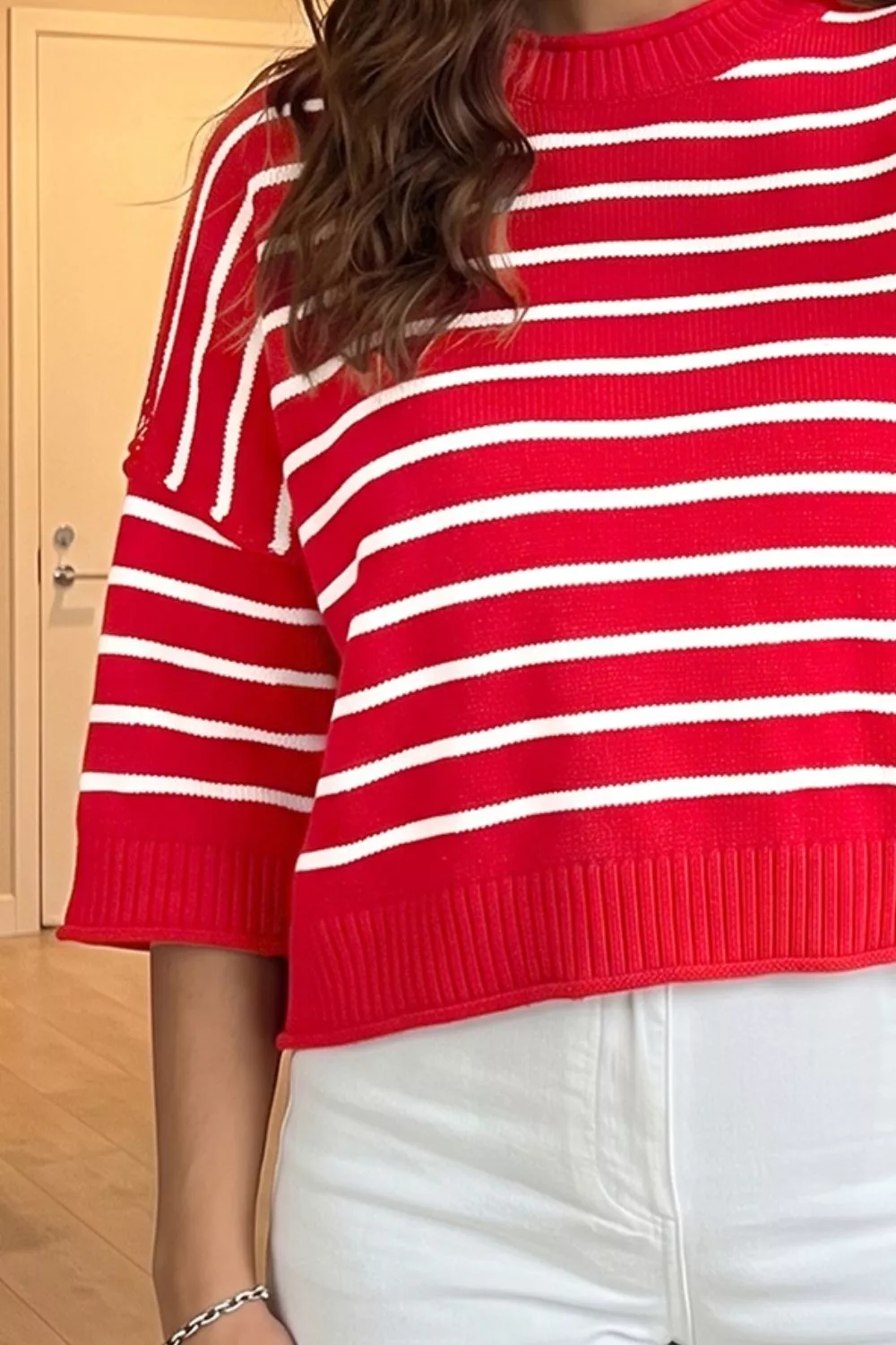 Stripe Dropped Shoulder Half Sleeve Relaxed Knit Sweater, image 2