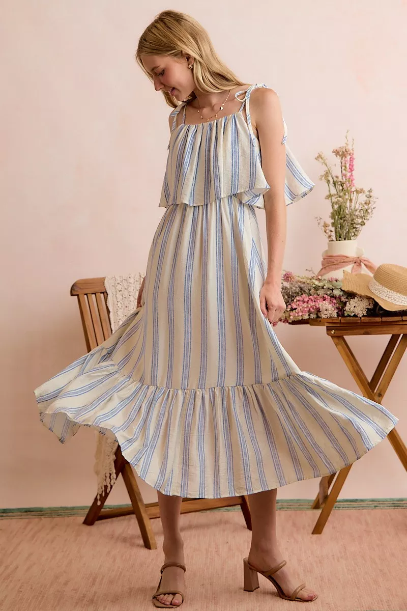 Stripe Tiered Shoulder Tie Midi Lined Dress, image 19