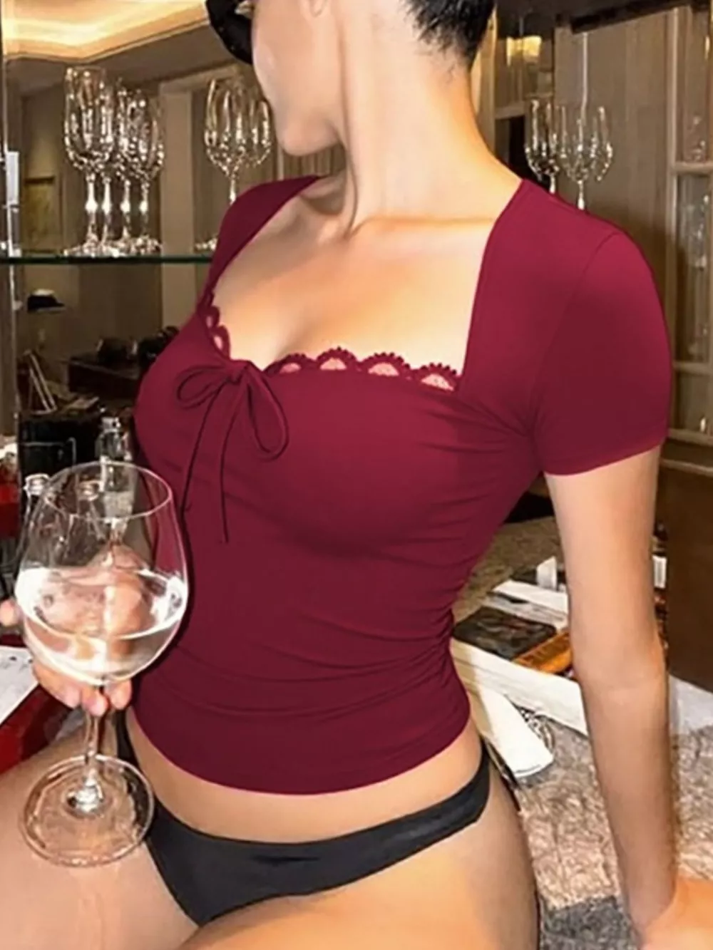 Sweetheart Neck Lace Trim Tie-Front T-Shirt, image 13