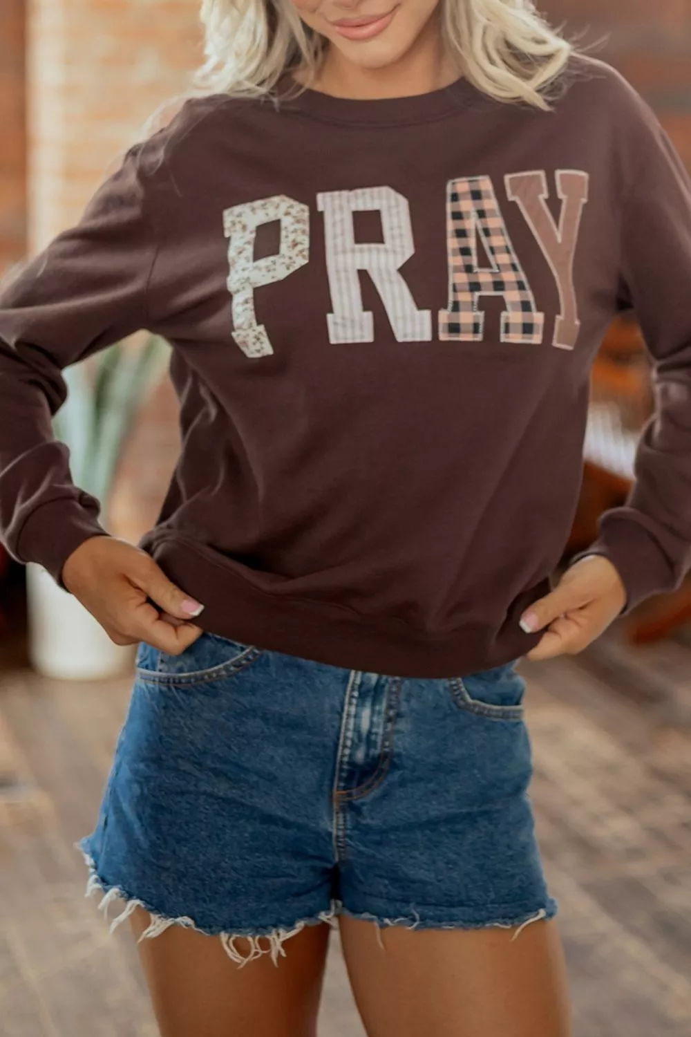 Plaid 'PRAY' Crew Neck Sweatshirt, image 3