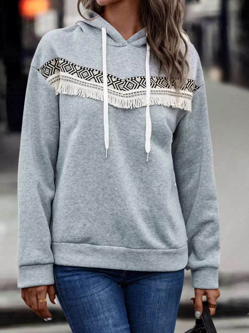 Fringe Detail Long Sleeve Drawstring Hoodie, image 9