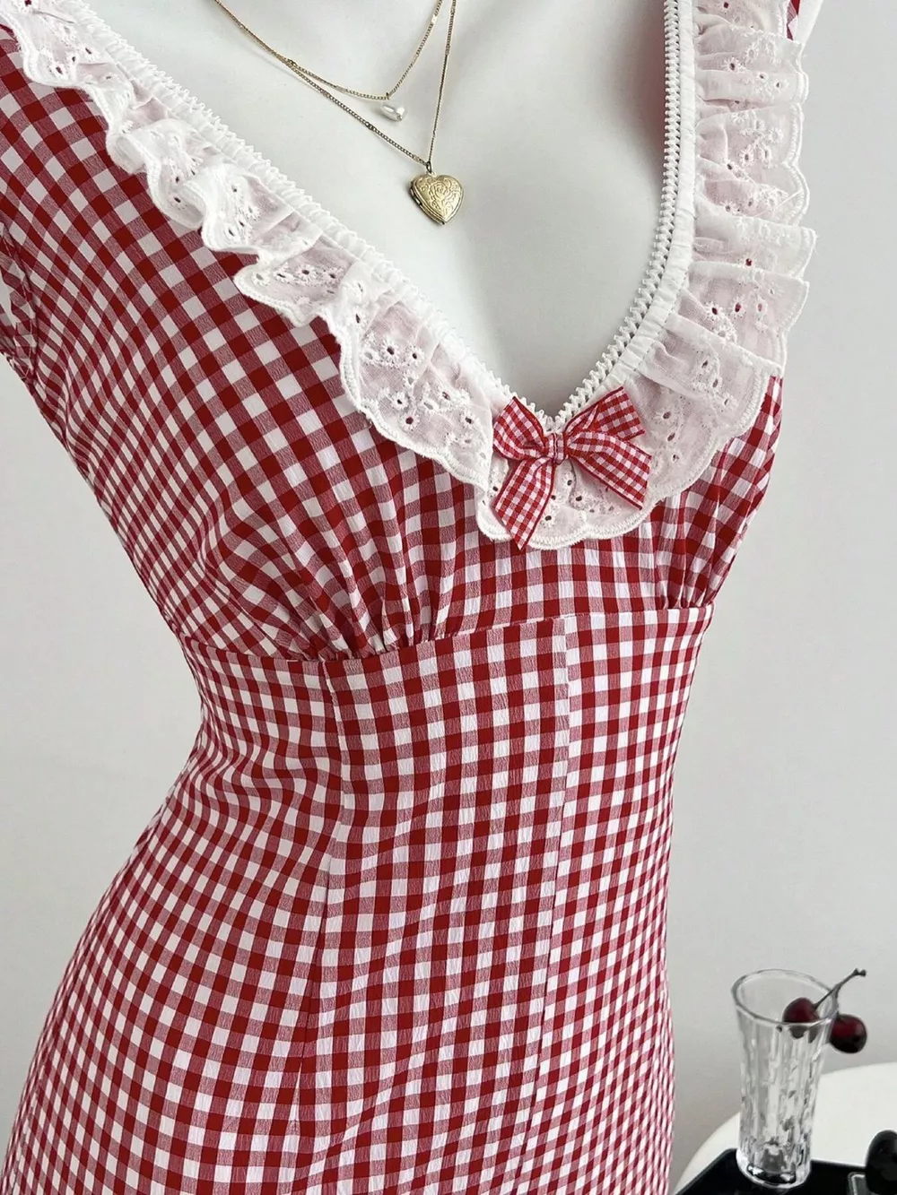 Gingham Lace-Trimmed Romper with Bow Detail, image 2