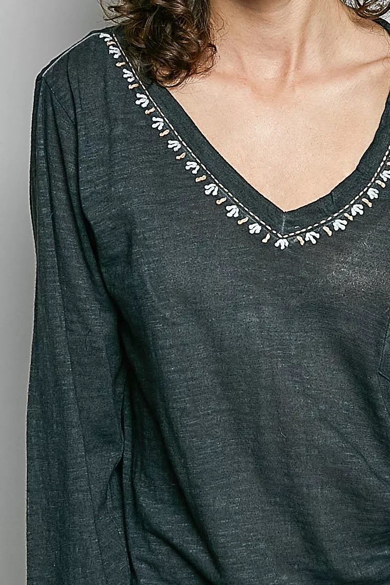 POL Contrast Stitch V-Neck Lightweight Knit Long Sleeve Top, image 6
