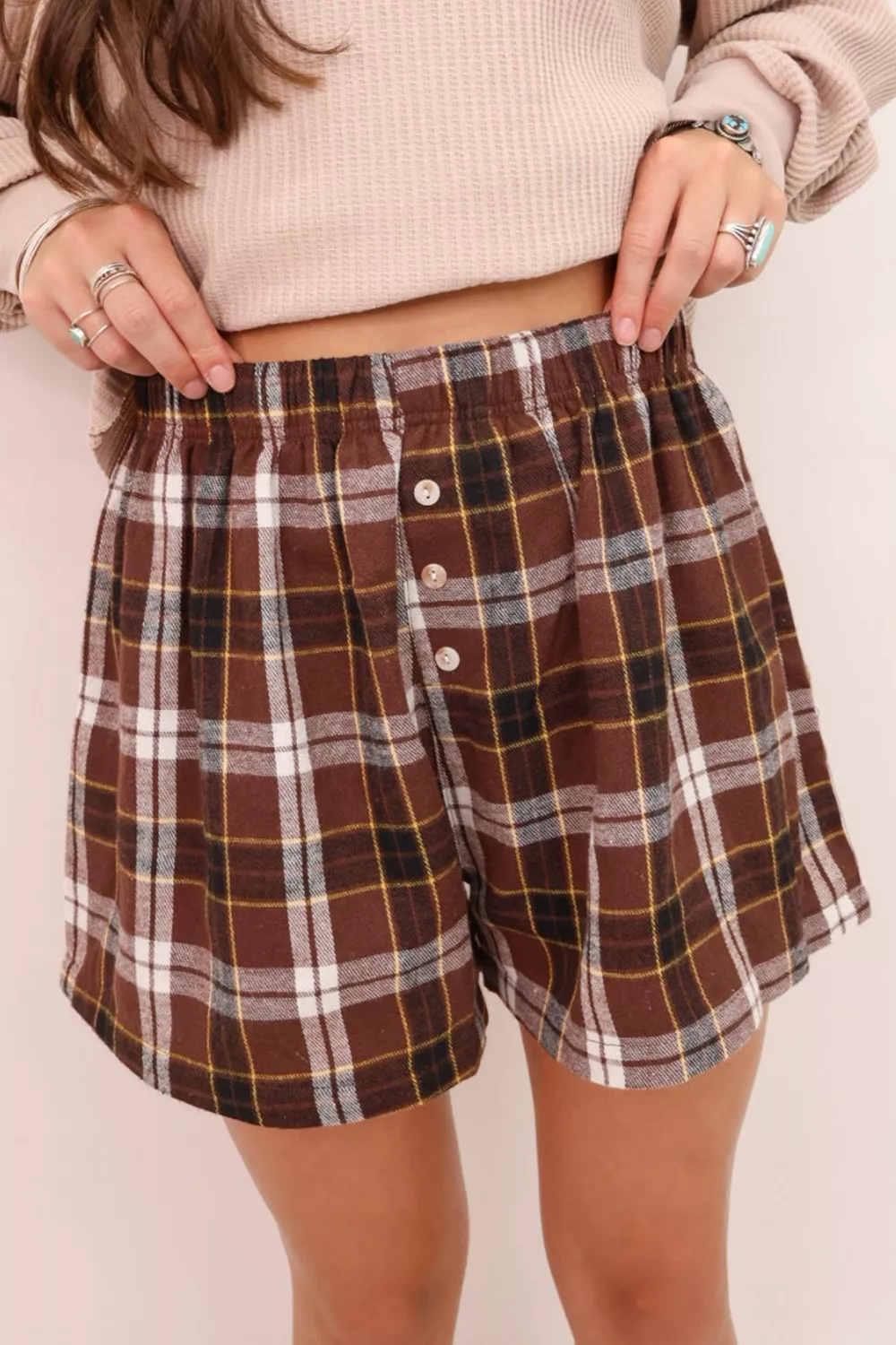 Plaid Button Front Elastic Waist Shorts, image 2