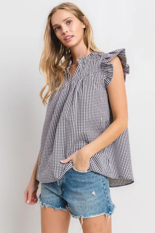 Ces Femme Plaid Notched Ruffled Cap Sleeve Blouse, image 4