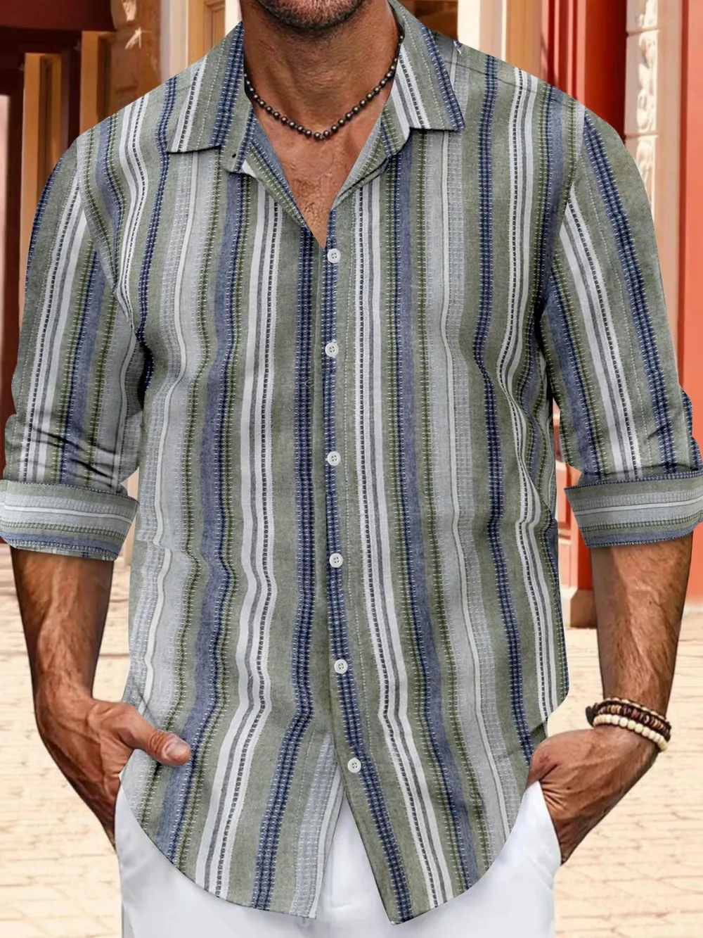 Men's Full Size Striped Button Up Long Sleeve Shirt Plus Size, image 6