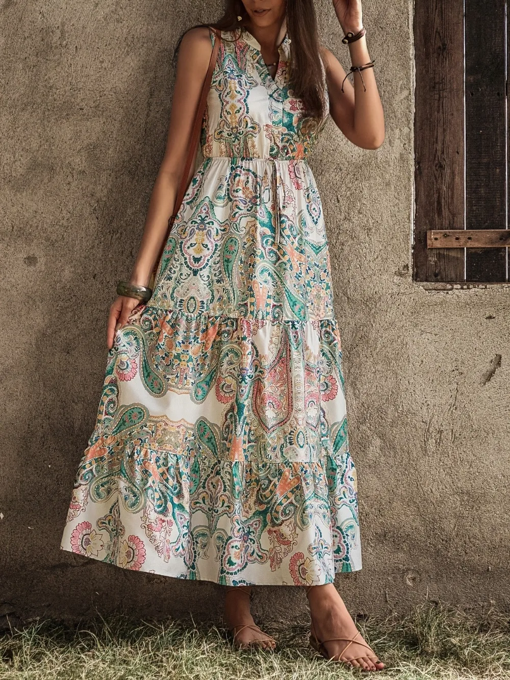 Printed Notched Sleeveless Dress, image 4