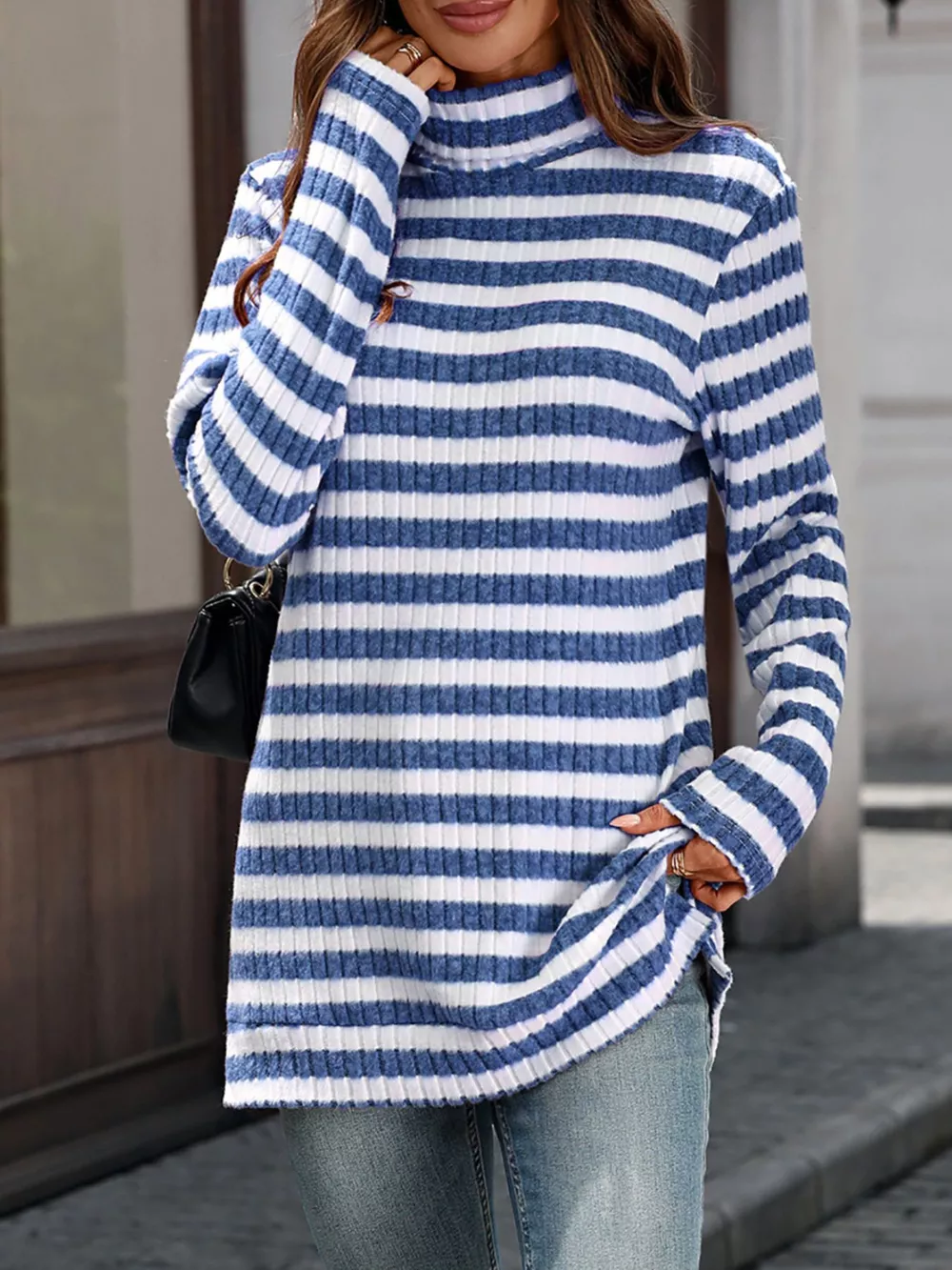 Striped Turtleneck Long Sleeve Knit Top, image 5