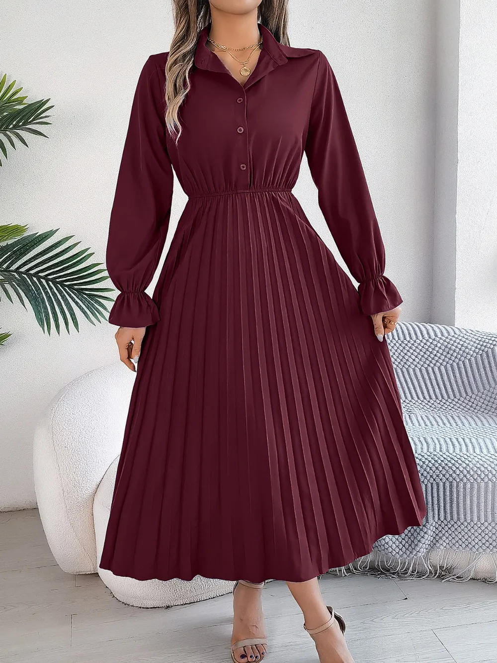 Pleated Half Button Long Sleeve Midi Dress, image 13
