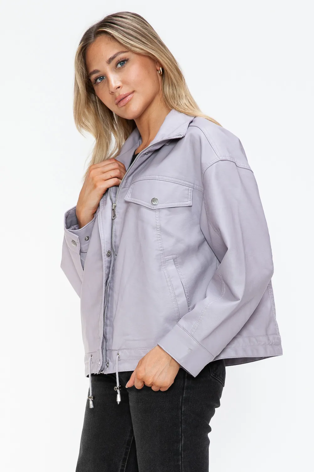 Drawstring Hem PU Leather Zip Up Jacket, image 11