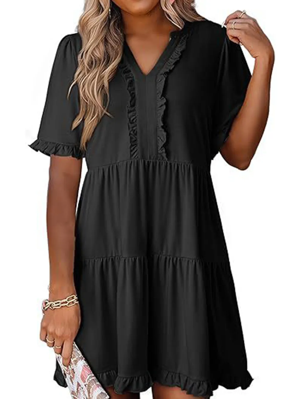Tiered Notched Short Sleeve Mini Dress, image 12