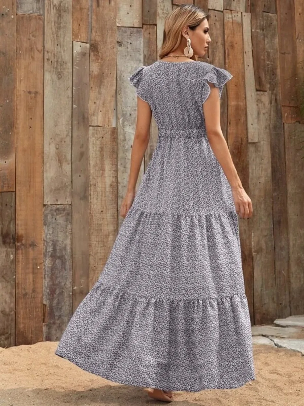 Printed V-Neck Ruffled Cap Sleeve Maxi Dress, image 7
