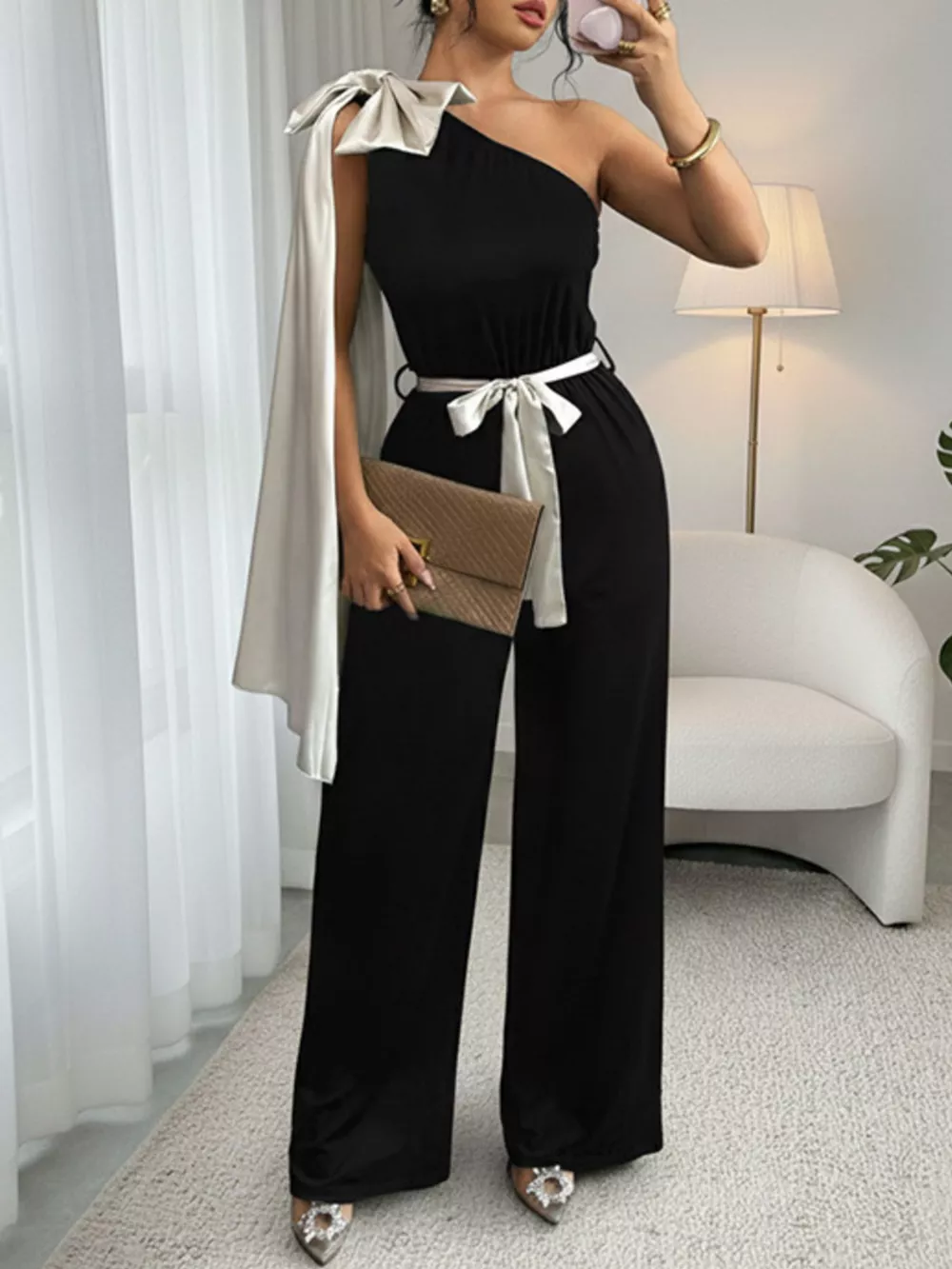 One-Shoulder Bowknot Wide Leg Jumpsuit, image 8