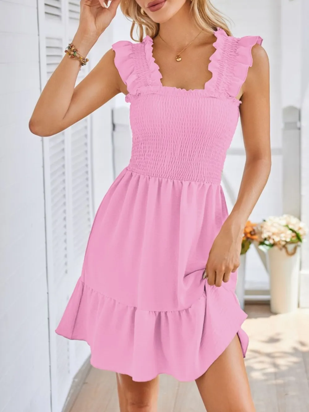 Smocked Square Neck Wide Strap Dress, image 12