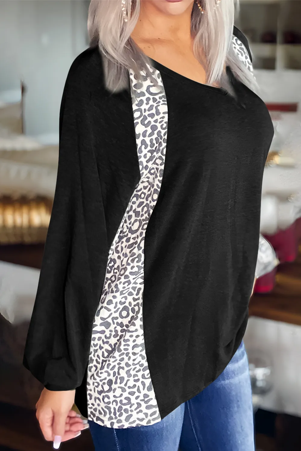 Full Size Leopard V-Neck Long Sleeve T-Shirt, image 3