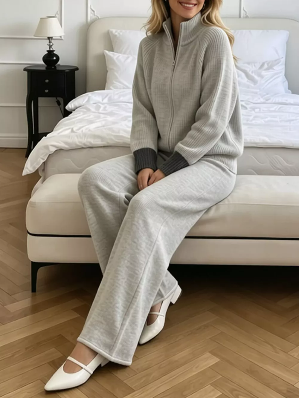 Zip-Up Contrast Cuff Cardigan and Pants Sweater Set, image 3