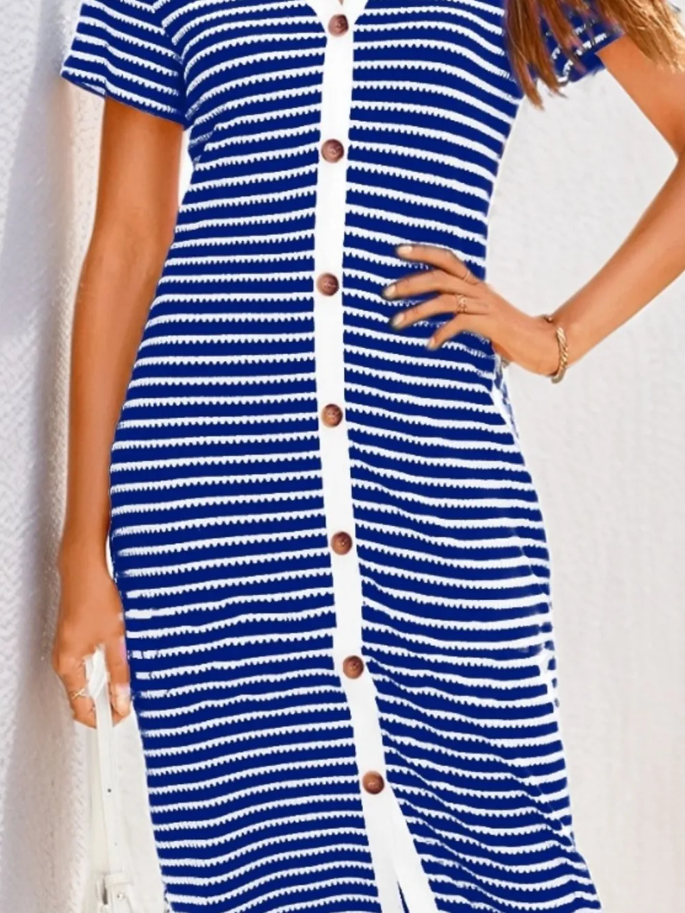 Contrast Striped V-Neck Short Sleeve Midi Dress, image 4