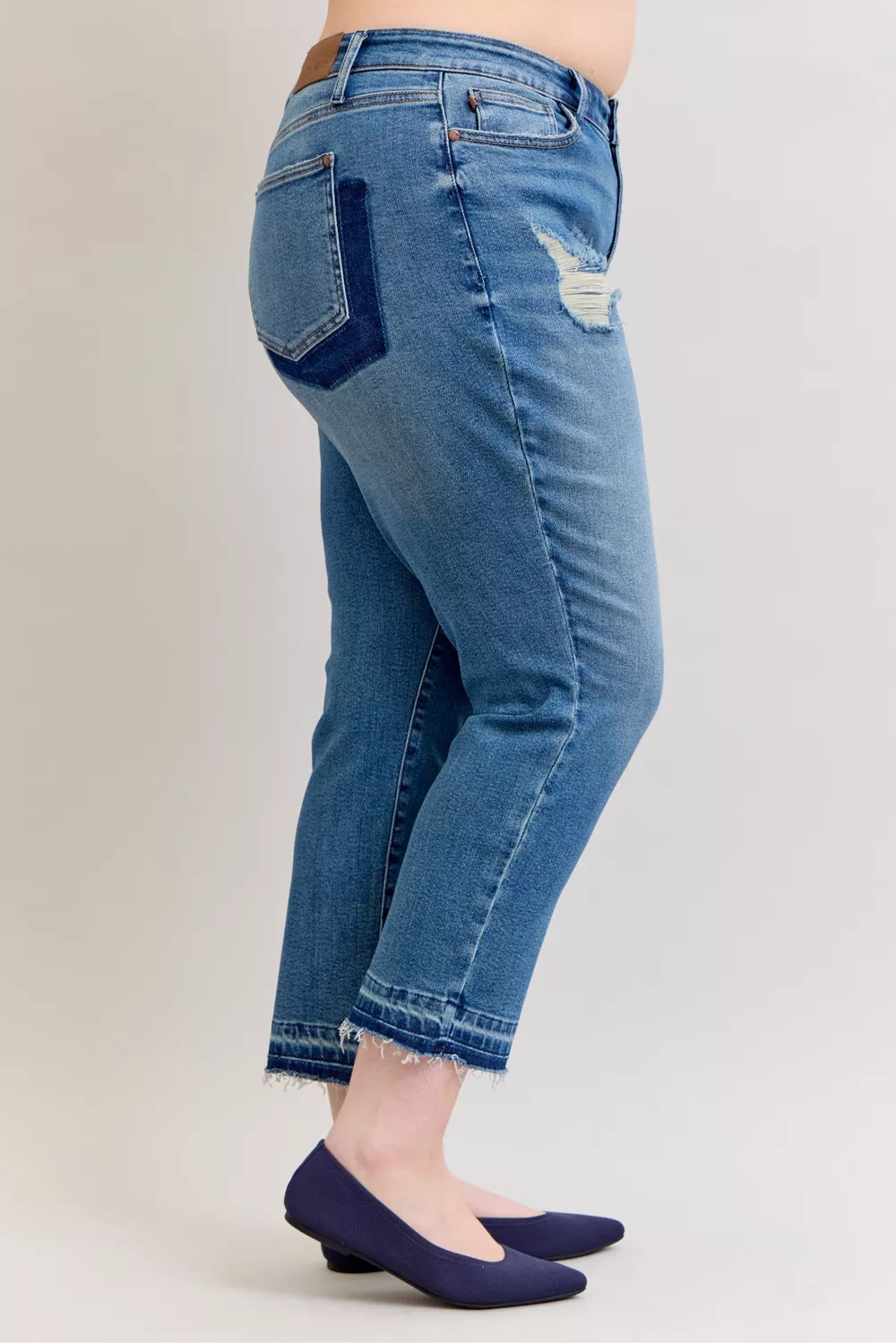 Full Size Mid Rise Bf Patch & Repair Destroy Release Hem Jeans Plus Size, image 3