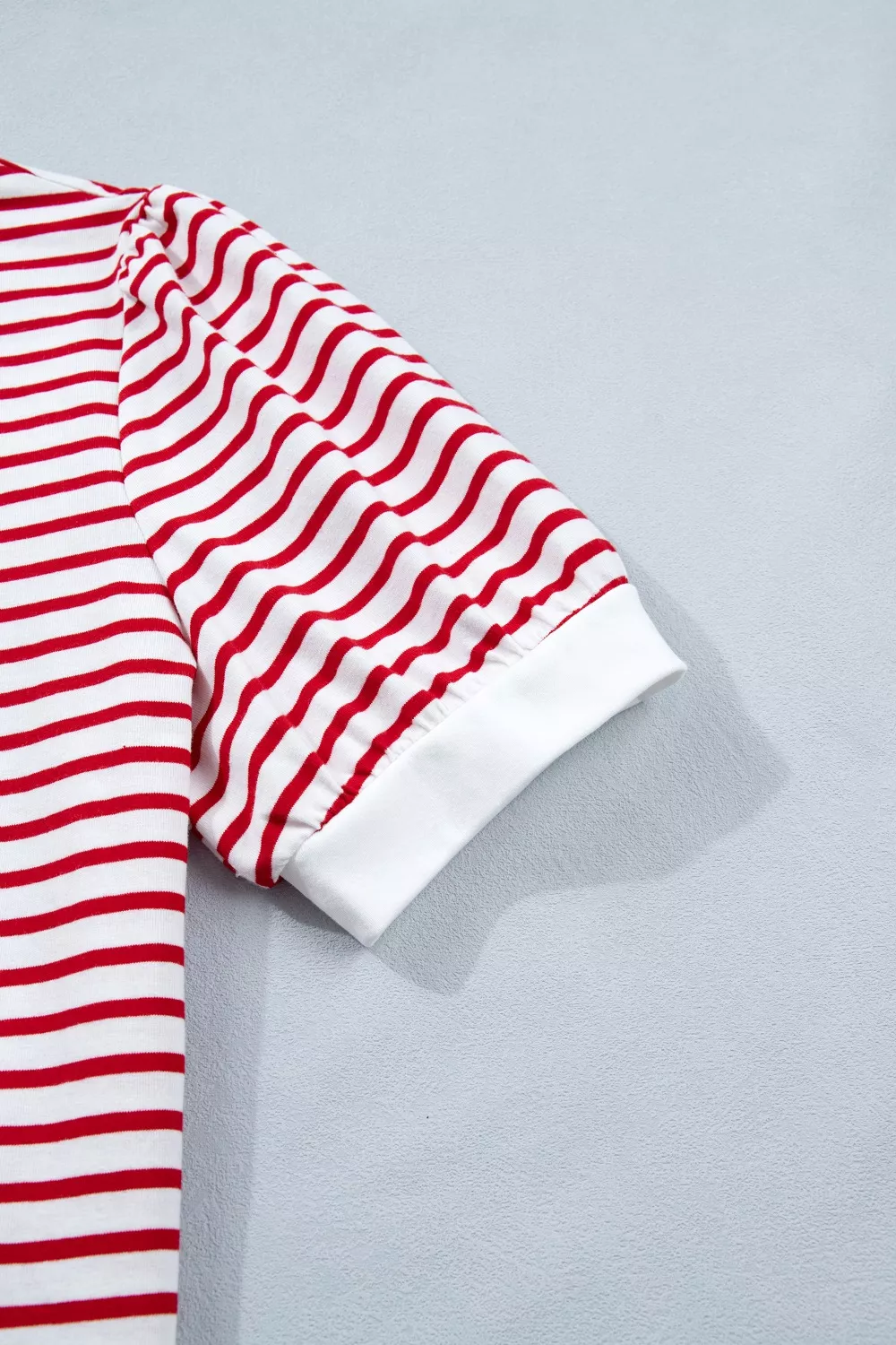 Stripe Contrast Trim Round Neck Short Puff Sleeve T Shirt, image 9