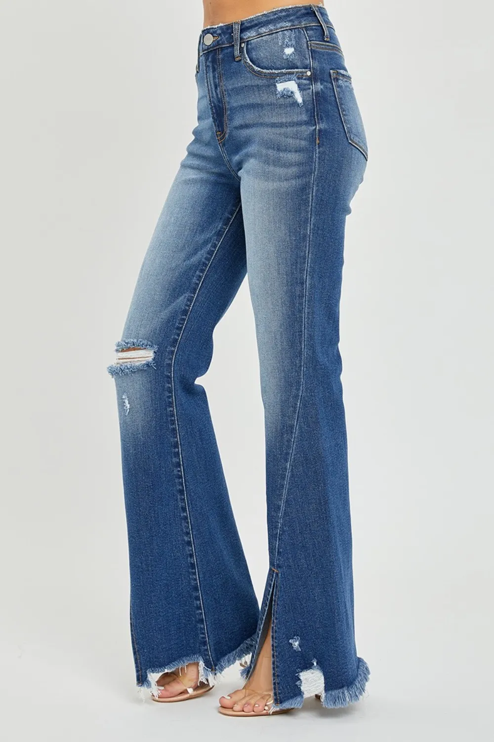 Full Size High Rise Front Slit Frayed Hem Flare Jeans, image 2