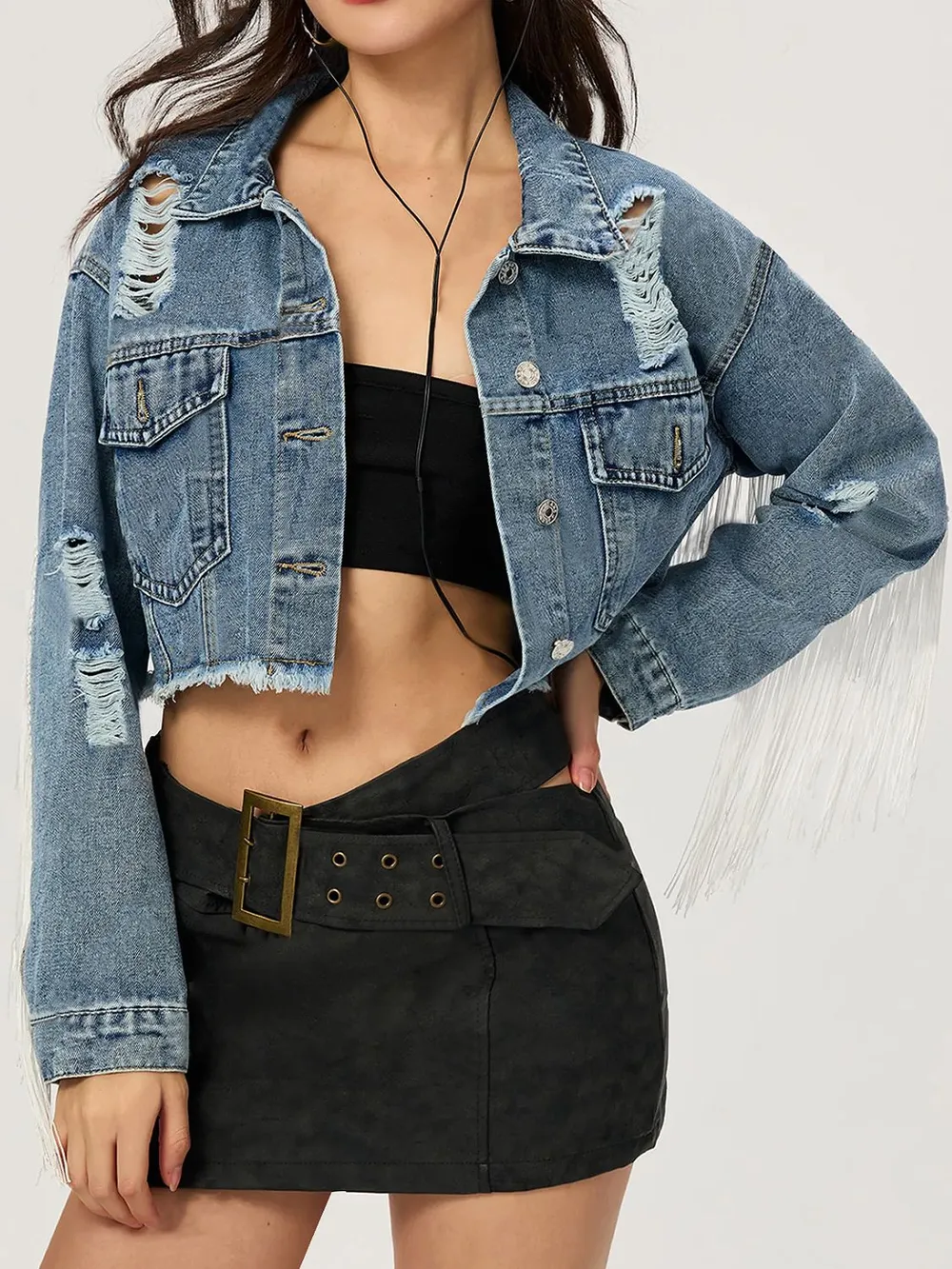 Distressed Fringe Collared Neck Cropped Denim Top, image 3