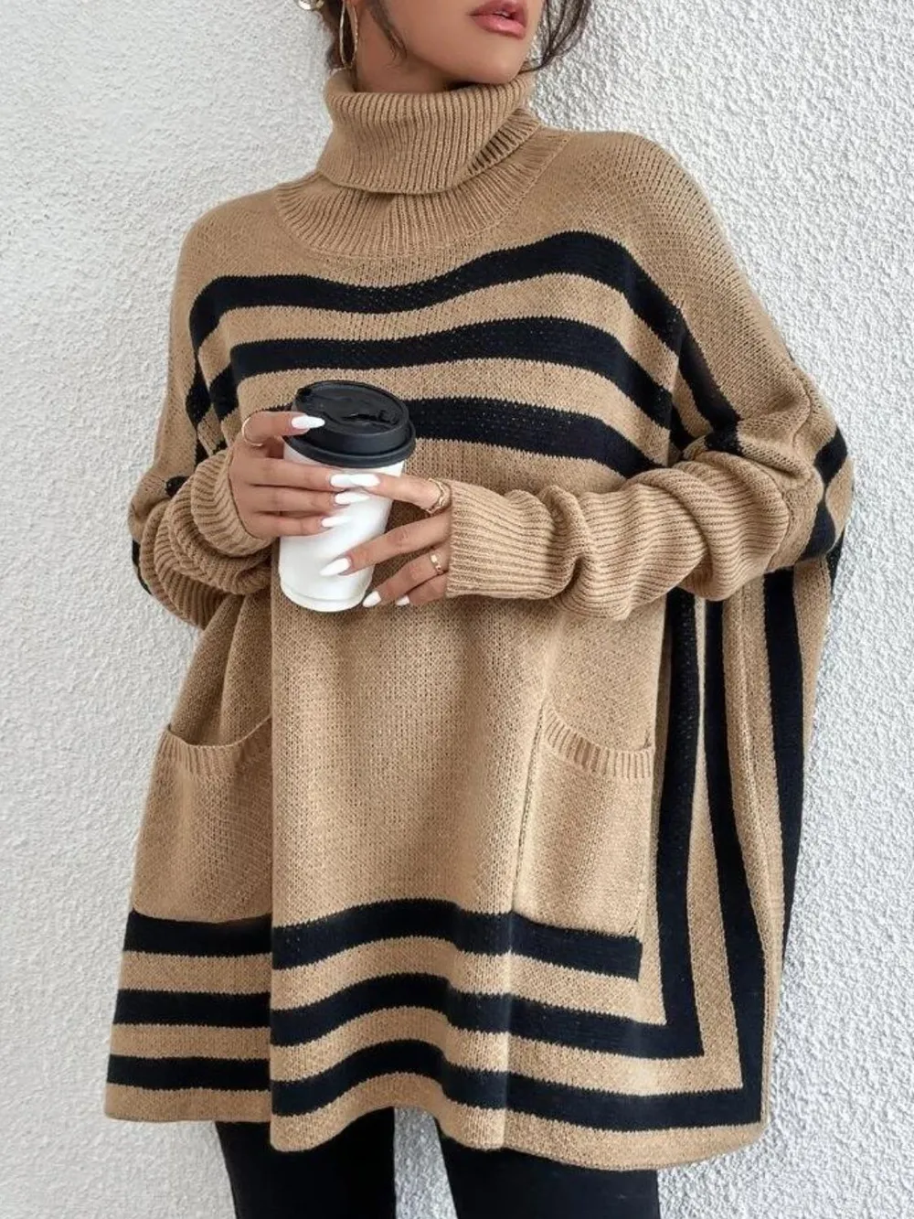 Striped Turtleneck Batwing Sleeve Sweater with Pockets, image 5