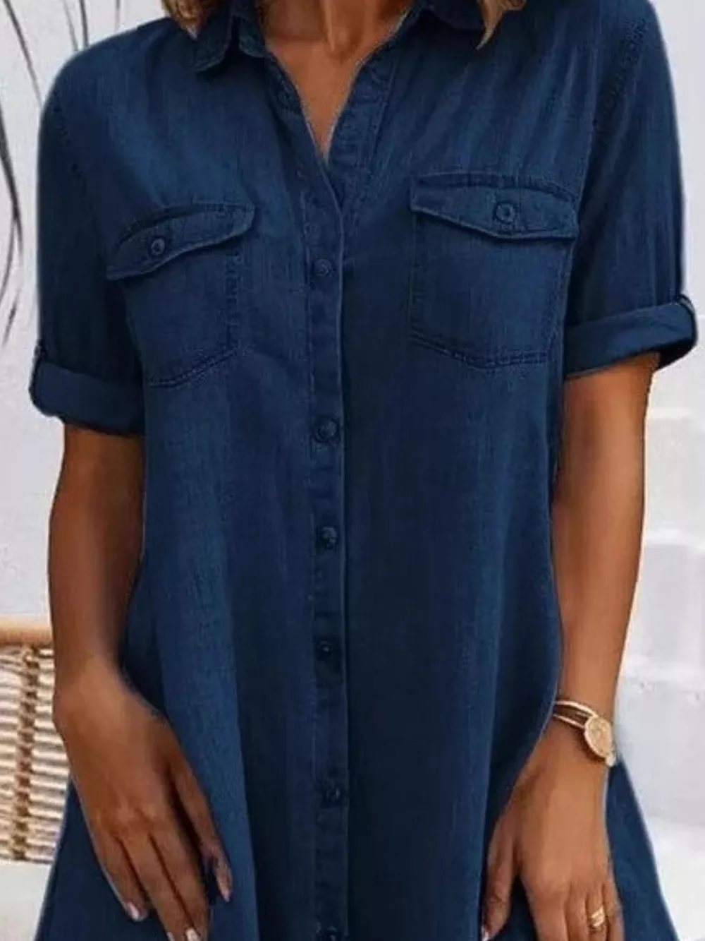 Full Size Button-Front Short Sleeve Denim Dress Plus Size, image 4