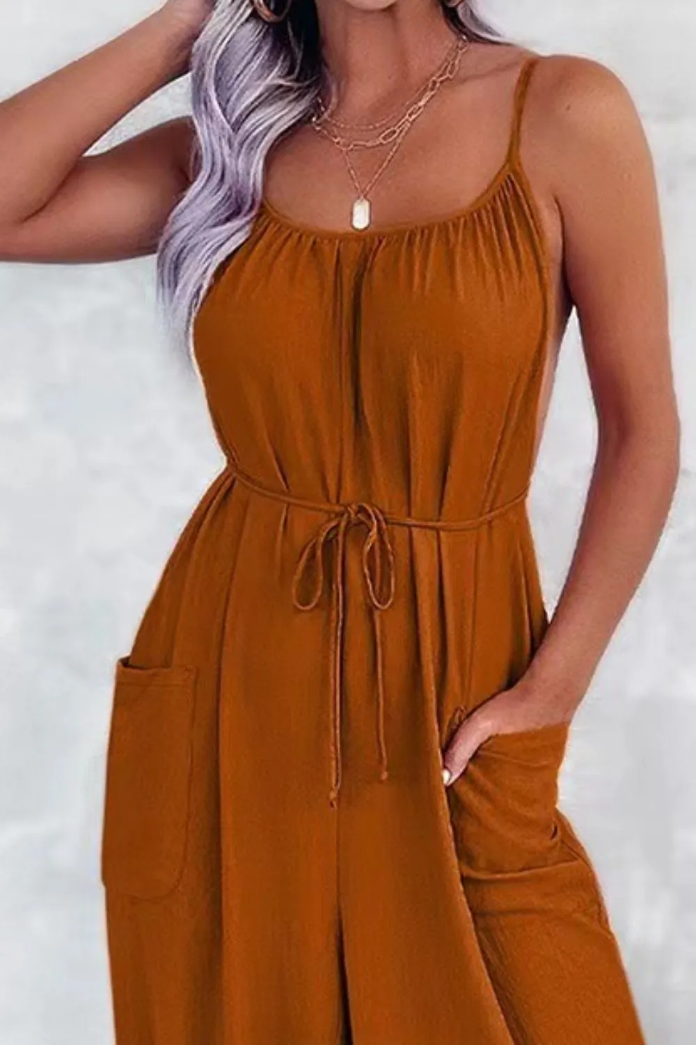 Casual Spaghetti Strap Wide Leg Jumpsuit with Pockets, image 5