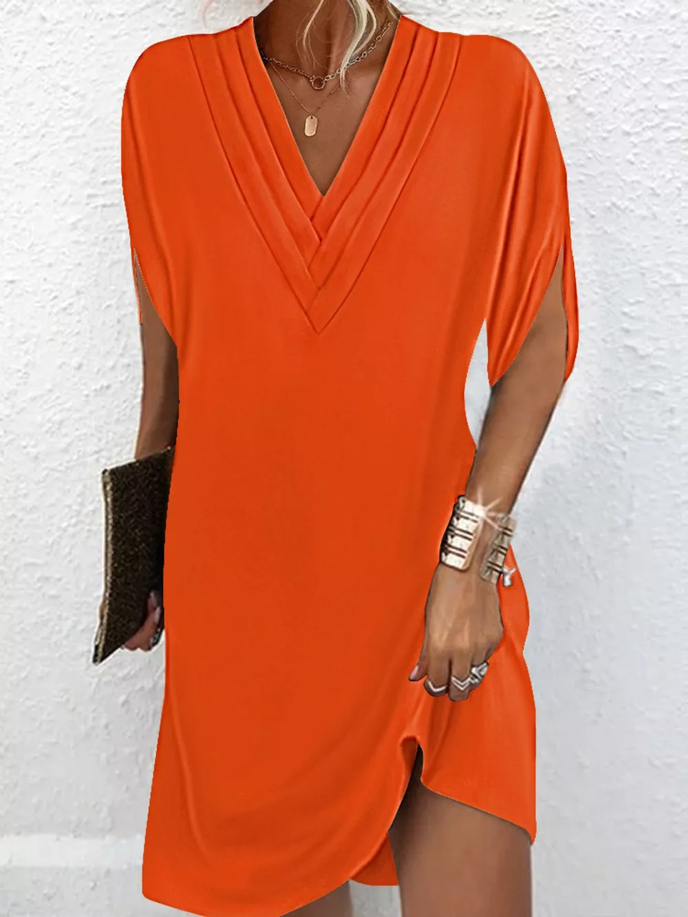 Full Size V-Neck Slit Sleeve Mini Dress Plus Size, image 4