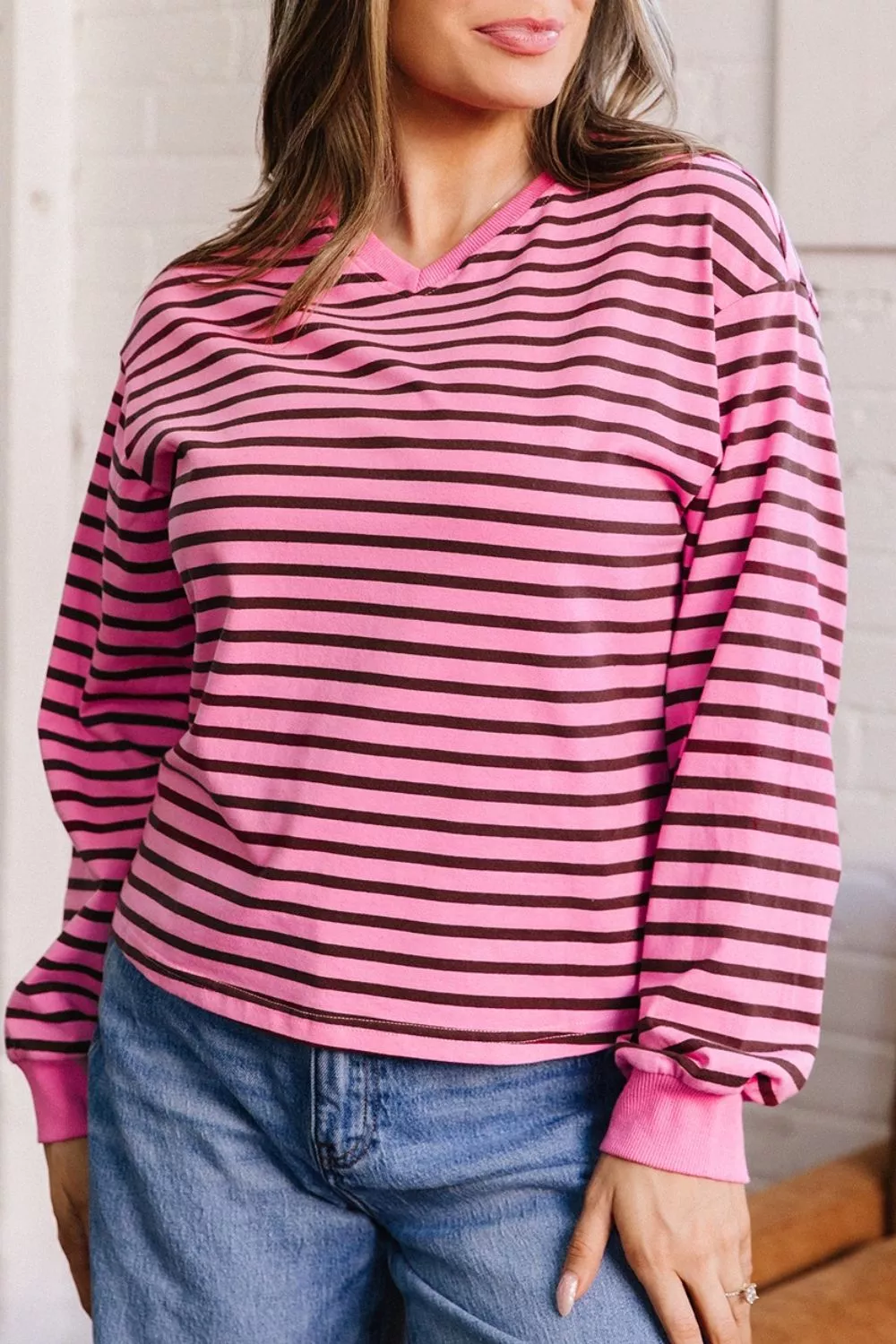 Stripe V Neck Drop Shoulder Long Sleeve Top, image 3