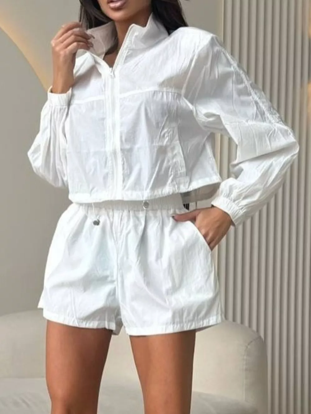 Zip-Up Crop Jacket and High-Waisted Shorts Set, image 13