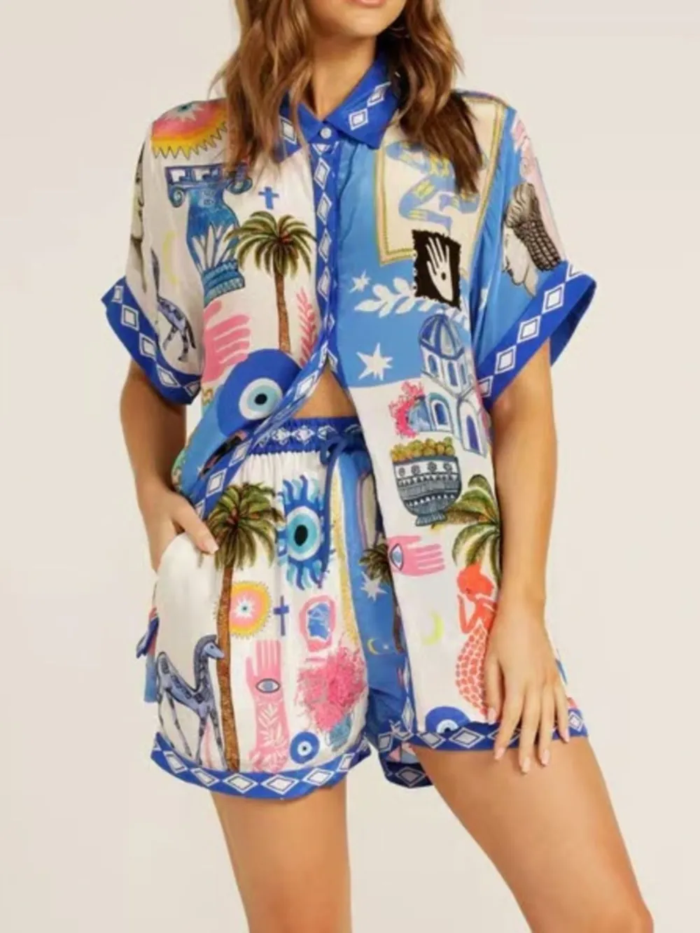 Printed Button Up Shirt and Shorts Set, image 2