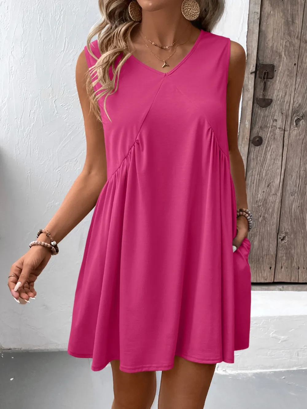 Ruched V-Neck Sleeveless Mini Dress, image 32