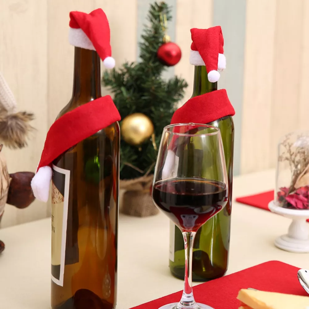 2 Piece Christmas Wine Bottle Santa Hat & Scarf Decorative Covers, image 2