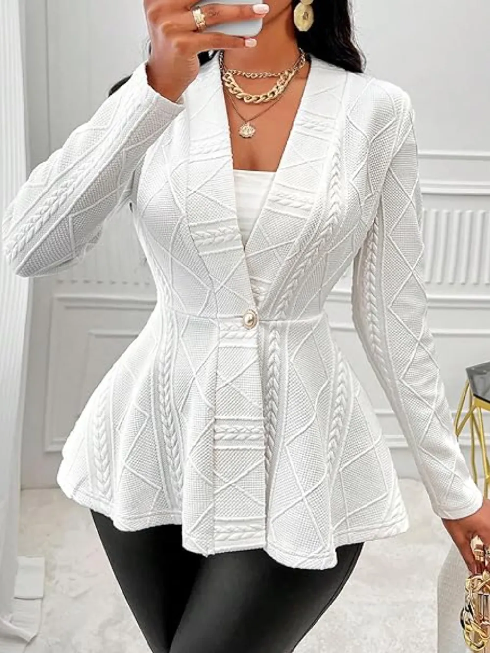 One Button Textured Peplum Cardigan, image 20