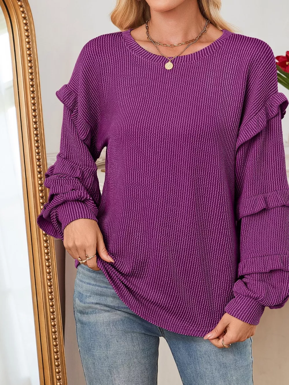 Ruffled Long Sleeve Knit T-Shirt, image 7
