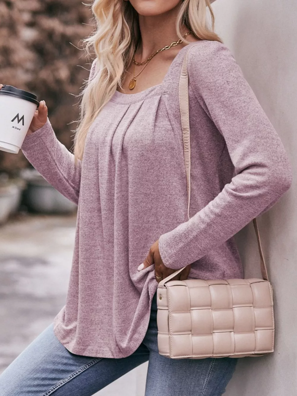 Pleated Square Neck Long Sleeve T-Shirt, image 18