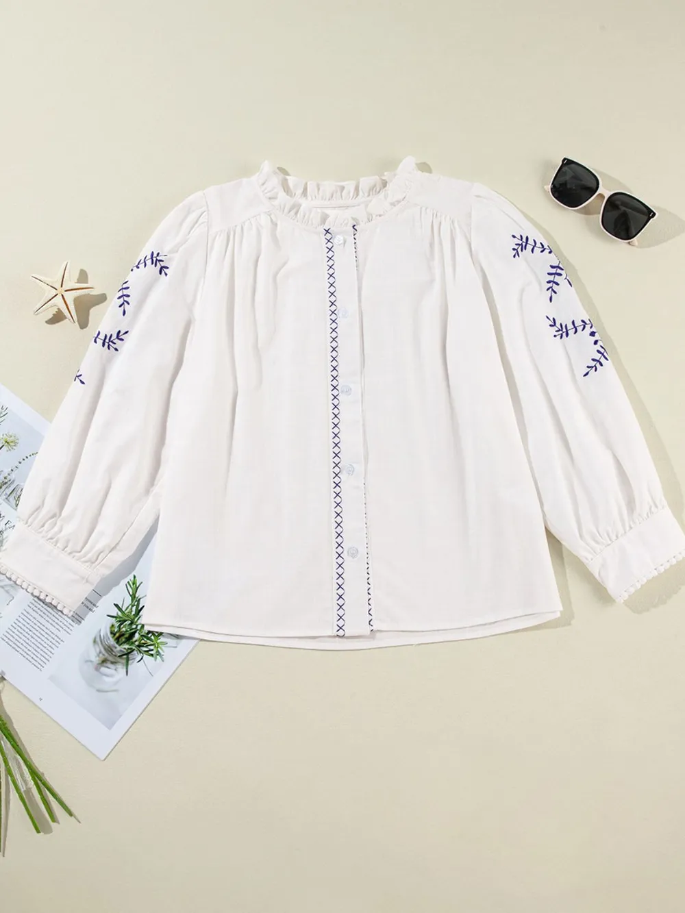 Frill Floral Embroidered Sleeve Shirt, image 6