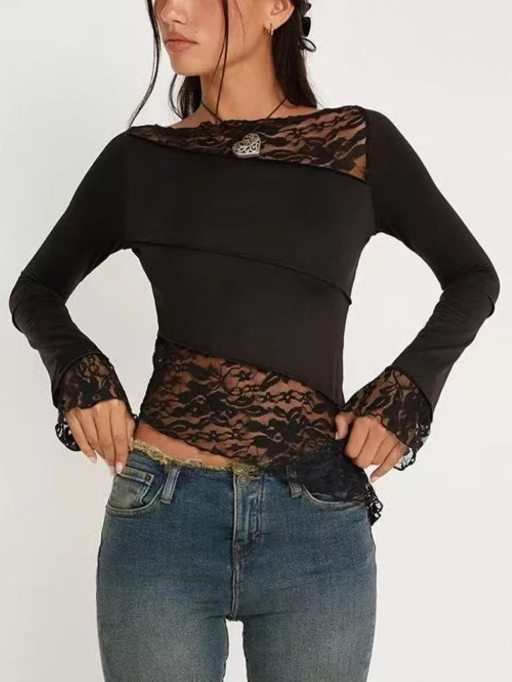 Asymmetrical Lace Trim Long Sleeve T-Shirt
