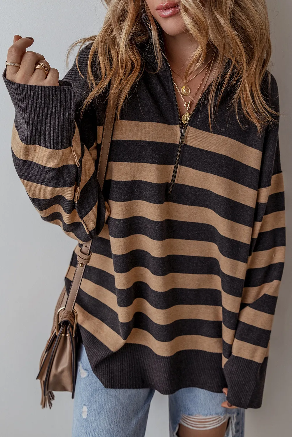 Striped Half Zip Long Sleeve Knit Top, image 5
