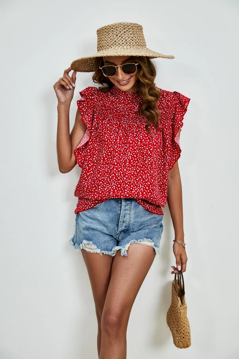 Ruffled Ditsy Floral Mock Neck Cap Sleeve Blouse, image 11