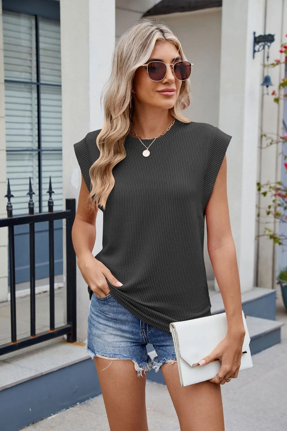 Corded Rib Round Neck T-Shirt, image 6