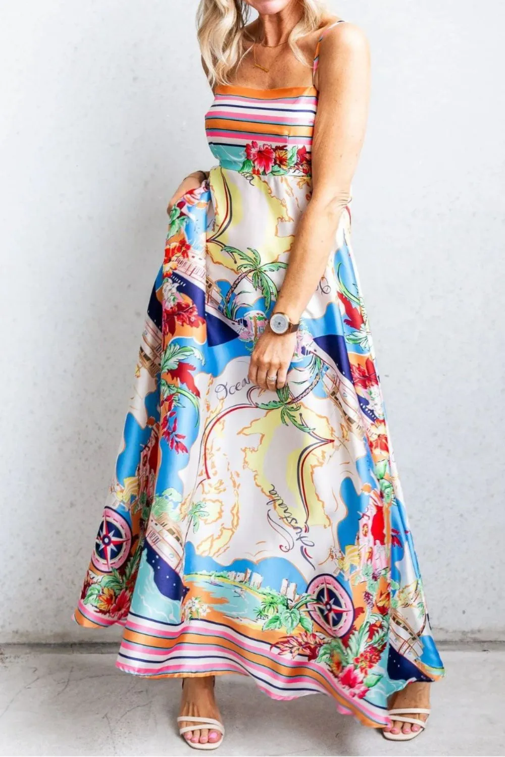 Smocked Back Printed Square Neck Maxi Cami Dress with Pockets, image 4