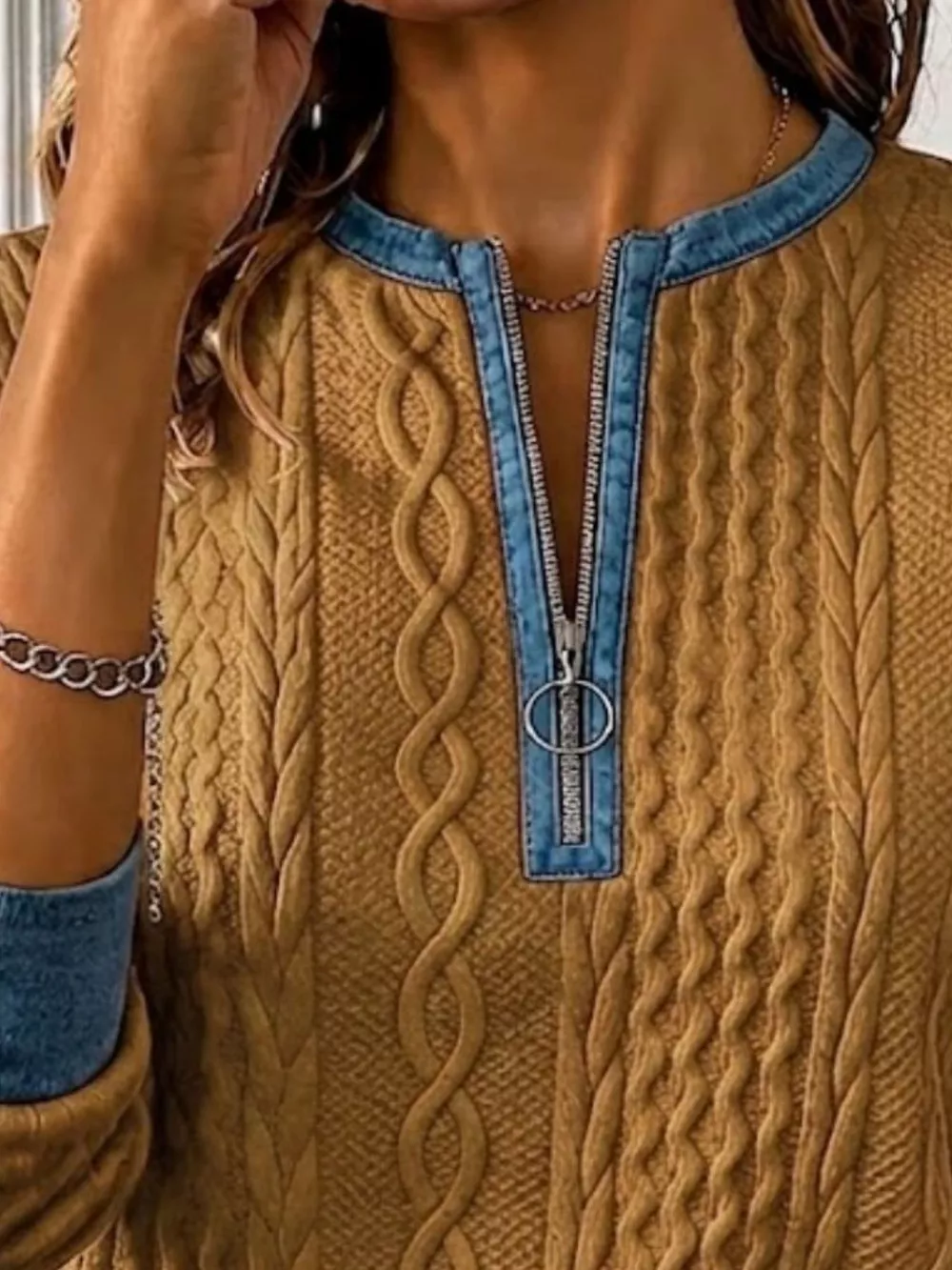 Full Size Denim Contrast Trim Quarter Zip Texture Sweatshirt Plus Size, image 8