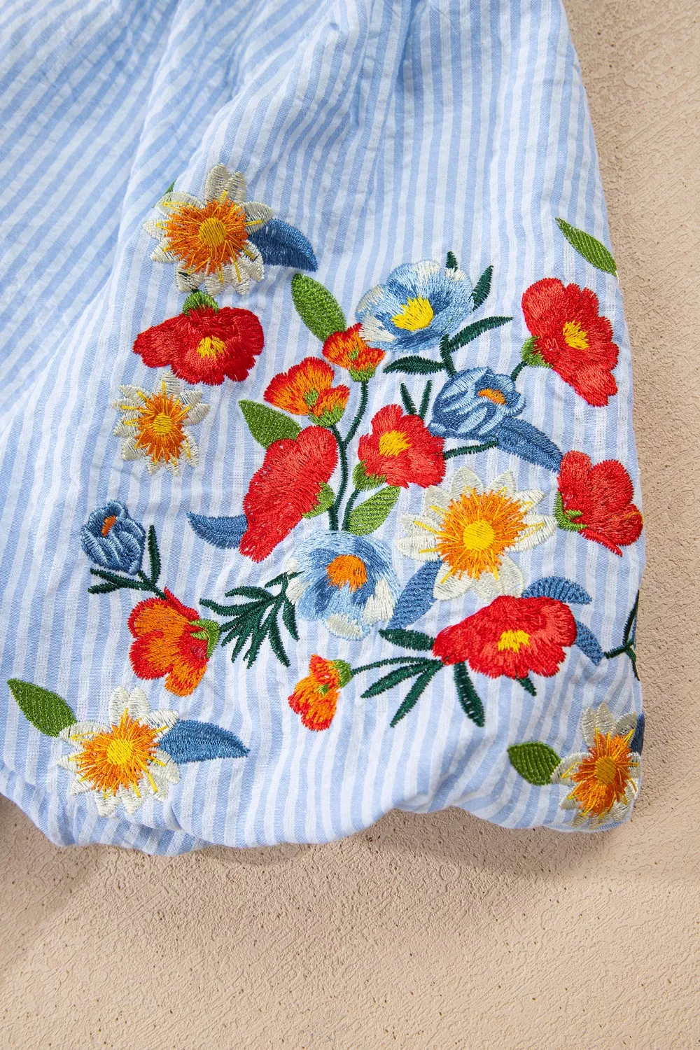 Stripe Floral Embroidered Puff Sleeve Ruffle Trim Shirt, image 11