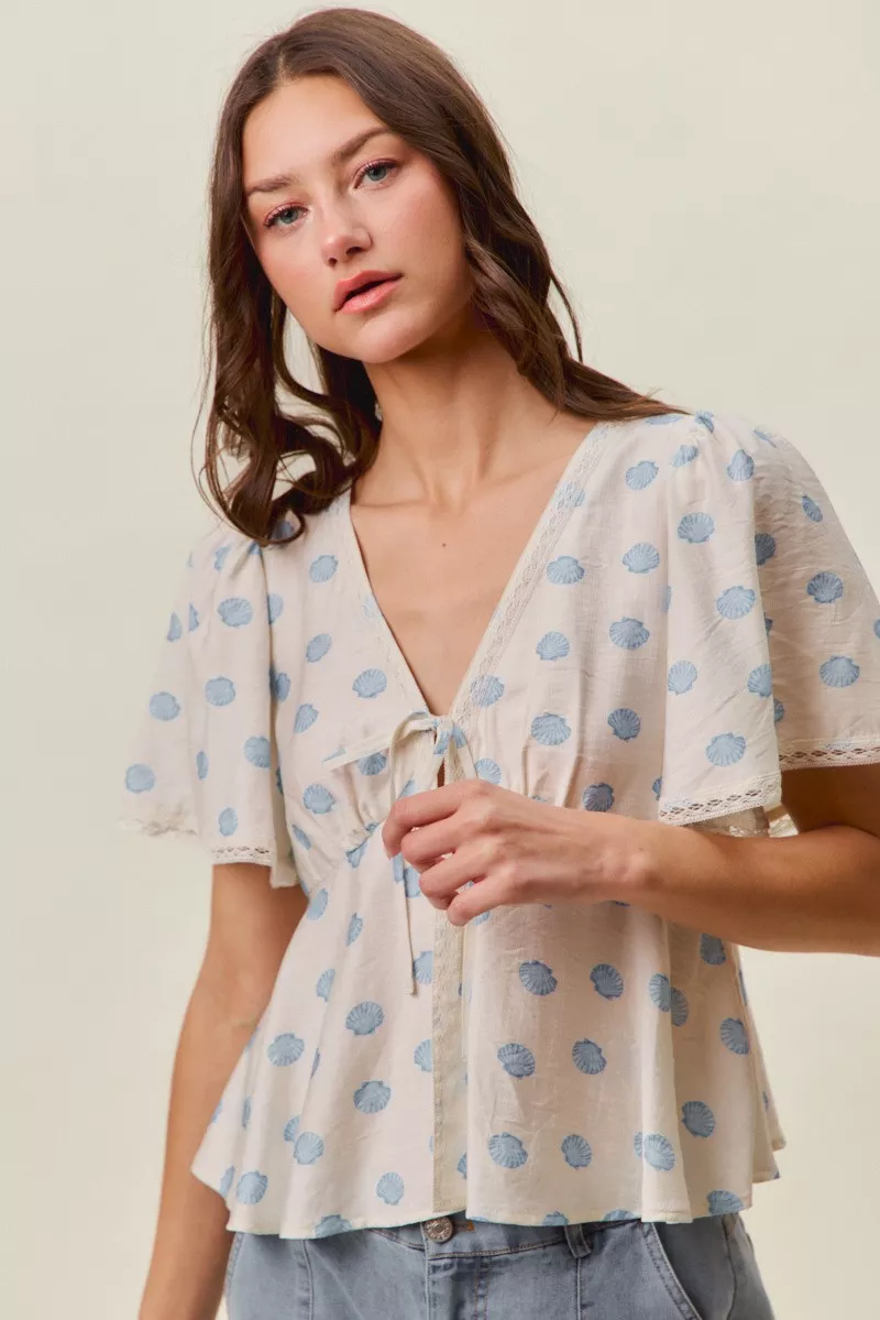 Shell Print Tie Front Flutter Sleeves Blouse Top, image 6