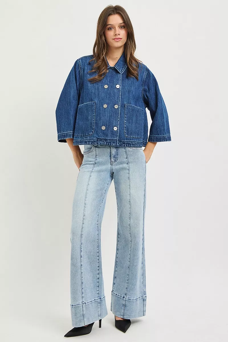 RISEN Double-Breasted Flowy Cropped Denim Jacket, image 6